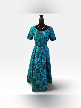Teal Blue & Black Floral Jacquard Fit-and-Flare Maxi Dress 50s Style Size 10